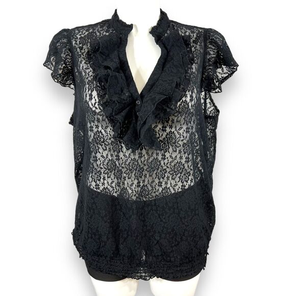 Pure Energy Womens Blouse Top Shirt Sheer Lace Ruffled Pullover Black Size 4 - Picture 2 of 9